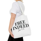 Faith Culture – Free Indeed Christian Tote Bag | John 8:36 Bible Verse Tote 16" × 16'' White