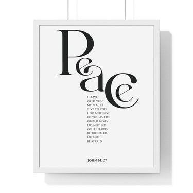 Peace framed Bible verse wall art inspired by John 14:27, white frame with black and white scripture typography