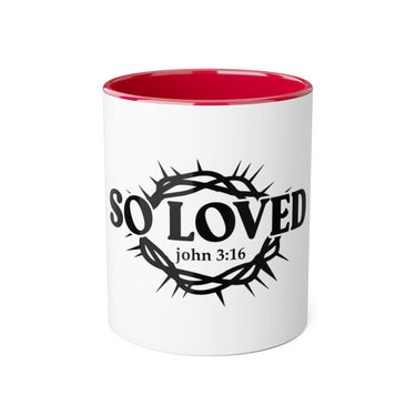Faith Culture - So Loved John 3:16 Accent Mug – White and Black | Crown of Thorns Christian Coffee Cup (11oz) Red 11oz