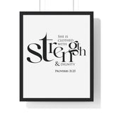 Strength and Dignity framed Christian wall art inspired by Proverbs 31:25, black frame with black and white scripture typography