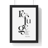 God Is Our Refuge framed Bible verse wall art inspired by Psalm 46:1-2, black frame with black and white scripture typography