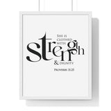 Strength and Dignity framed Bible verse wall art inspired by Proverbs 31:25, white frame with black and white scripture typography