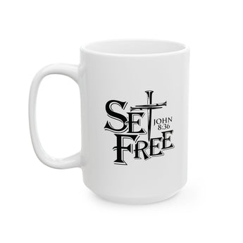Faith Culture – Set Free John 8:36 Christian Coffee Mug – Bold Cross Scripture Design, 11oz & 15oz 15oz