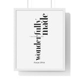 Fearfully and Wonderfully Made framed Bible verse wall art inspired by Psalm 139:14, white frame with black and white scripture typography