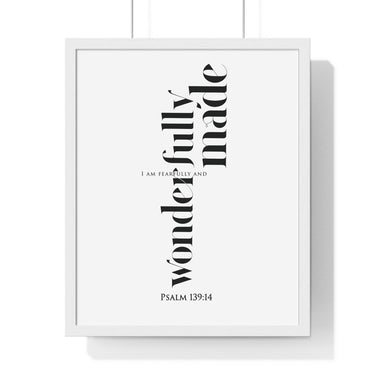 Fearfully and Wonderfully Made framed Bible verse wall art inspired by Psalm 139:14, white frame with black and white scripture typography