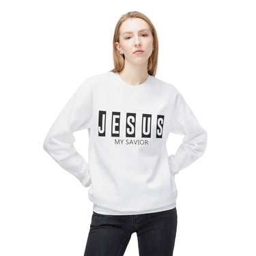 Faith Culture - Jesus My Savior Christian Crewneck Sweatshirt – White | Bold Faith Statement Pullover