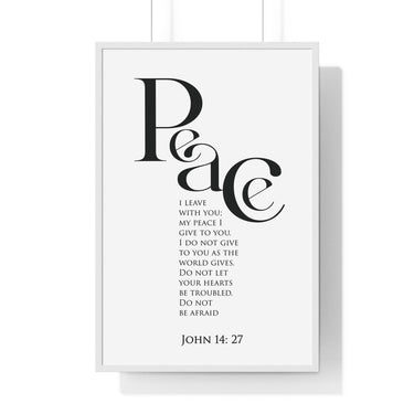 Peace Bold Verse framed Christian wall art inspired by John 14:27, white frame with black and white scripture typography