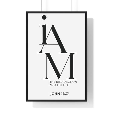The Resurrection and the Life framed Christian wall art inspired by John 11:25, black frame with black and white scripture typography
