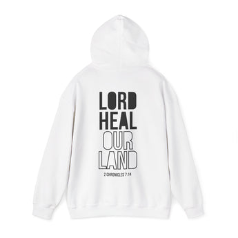 Lord Heal Our Land Back Print Christian Hoodie | 2 Chronicles 7:14 Scripture Apparel White