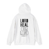 Lord Heal Our Land Back Print Christian Hoodie | 2 Chronicles 7:14 Scripture Apparel White