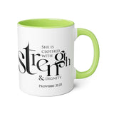 Faith Culture - Proverbs 31:25 - Christian Accent Coffee Mug (11oz) Light Green 11oz