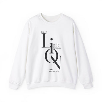 A Lion, Mighty Among Beasts Christian Sweatshirt – Proverbs 30:30 in white | Faith Culture