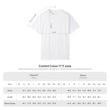 Comfort Colors 1717 T-shirt size chart with chest width, body length and sleeve length in inches and centimetres, sizes S to 4XL.