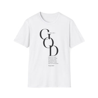 Compassionate and Gracious Christian T-Shirt — Psalm 86:15 in white