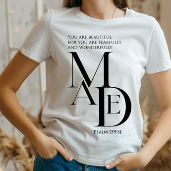 Fearfully and Wonderfully Made Christian T-Shirt — Psalm 139:14 in white
