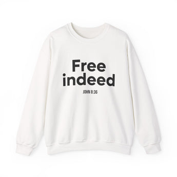 Free Indeed Christian Sweatshirt – John 8:36 in white | Faith Culture