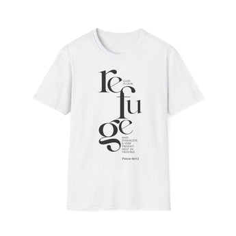God Is Our Refuge Christian T-Shirt — Psalm 46:1–2 in white