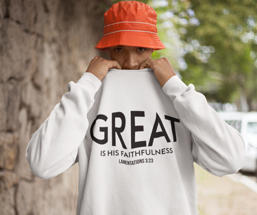 Great Is His Faithfulness Christian Sweatshirt – Lamentations 3:23 in white | Faith Culture