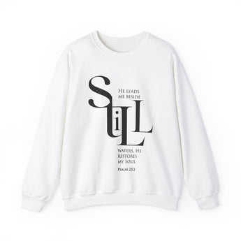 He Leads Me Beside Still Waters Christian Sweatshirt – Psalm 23:2 in white | Faith Culture