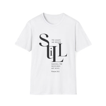 He Leads Me Beside Still Waters Christian T-Shirt — Psalm 23:2 in white