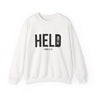 Held by Him Christian Sweatshirt – Isaiah 41:10 in white | Faith Culture