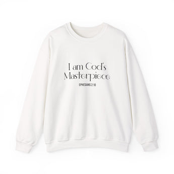 I Am God’s Masterpiece Christian Sweatshirt – Ephesians 2:10 in white | Faith Culture