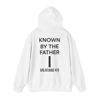 Known by the Father Christian Hoodie – Galatians 4:9 in white | Faith Culture
