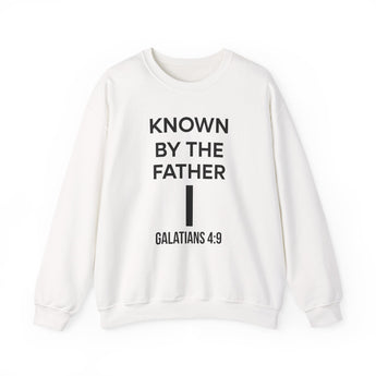 Known by the Father Christian Sweatshirt – Galatians 4:9 in white | Faith Culture