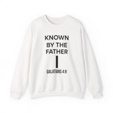 Known by the Father Christian Sweatshirt – Galatians 4:9 in white | Faith Culture