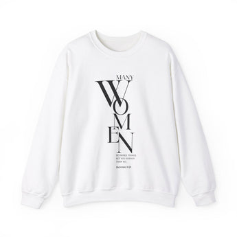 Many Women Do Noble Things Christian Sweatshirt – Proverbs 31:29 in white | Faith Culture