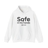 Safe in His Hands Christian Hoodie – John 10:29 in white | Faith Culture