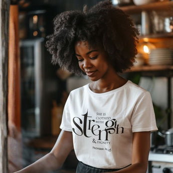 She Opens Her Mouth with Wisdom Christian T-Shirt — Proverbs 31:25–26 in white