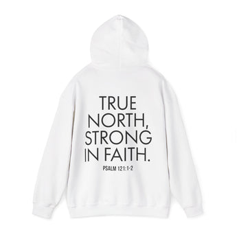 True North Strong in Faith Christian Hoodie – Psalm 121:1–2 in white | Faith Culture